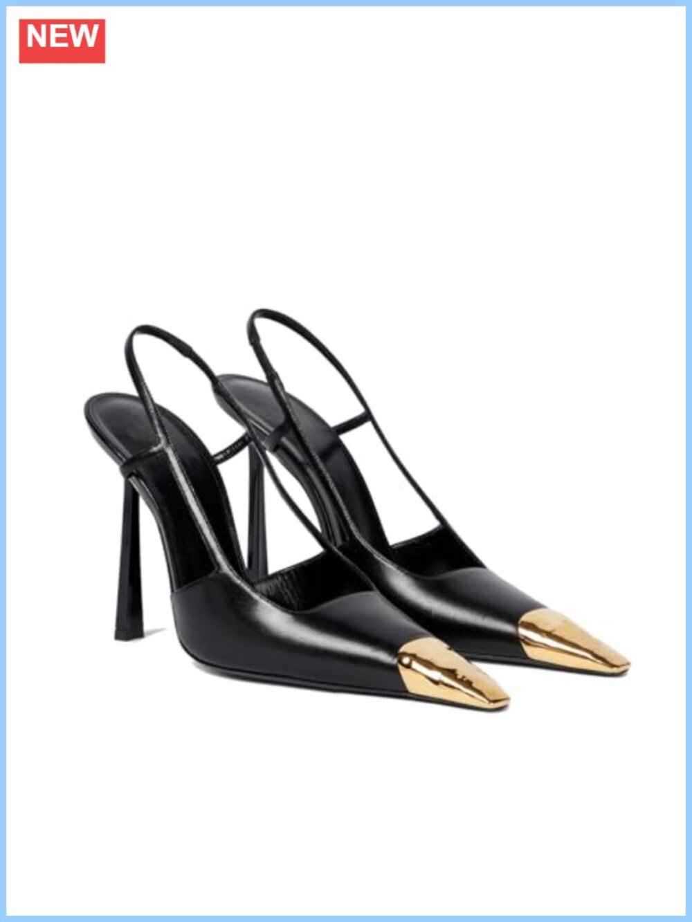 Women's Slingback High Heels Stiletto Pumps Leather Pointed Toe Gold Capped Toe
